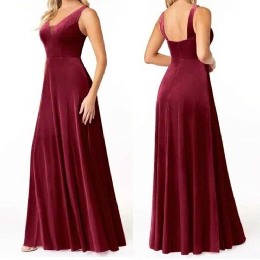 Azazie Women's Sommer Velvet Maxi Dress Elegant Size 10 Whimsy Burgundyβ Formal
